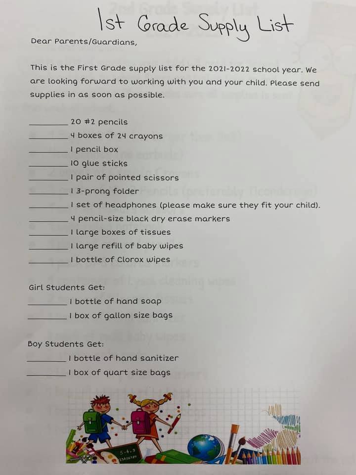 1st Grade Supply List