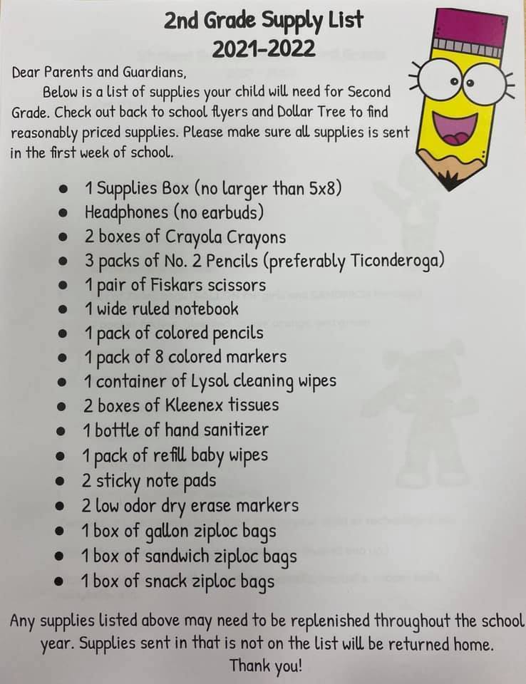 2nd Grade Supply List