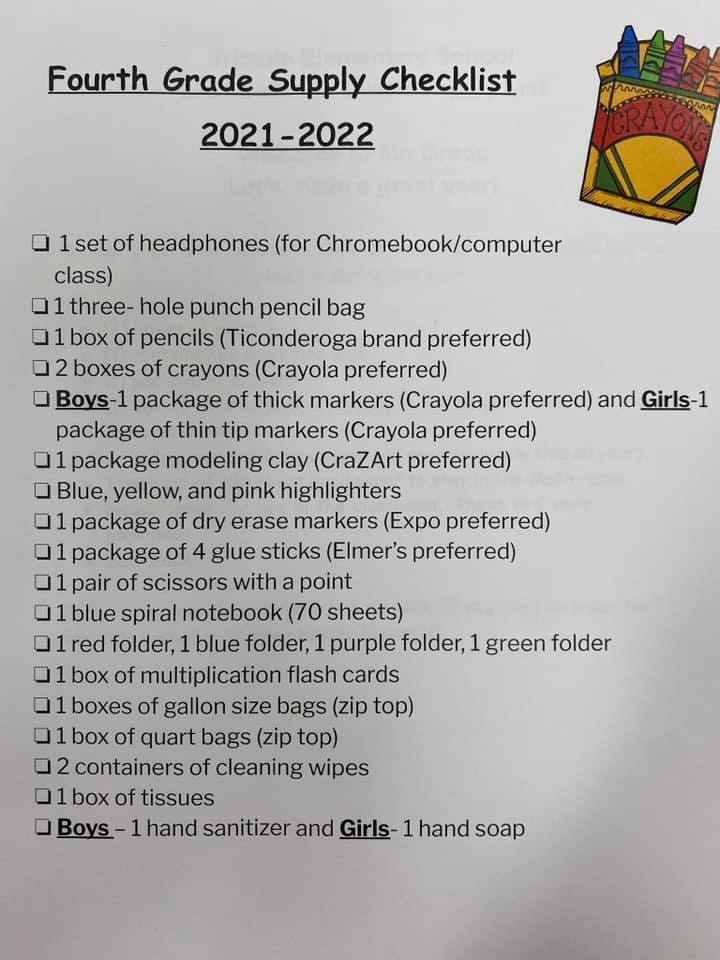 4th Grade Supply List