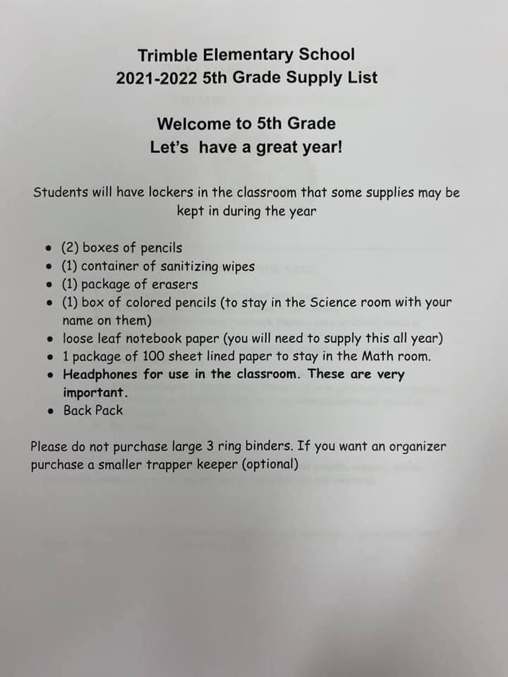 5th Grade Supply List