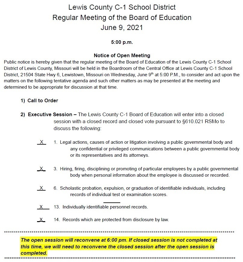 Image of the Posted Notice of Open Meeting for June 9, 2021