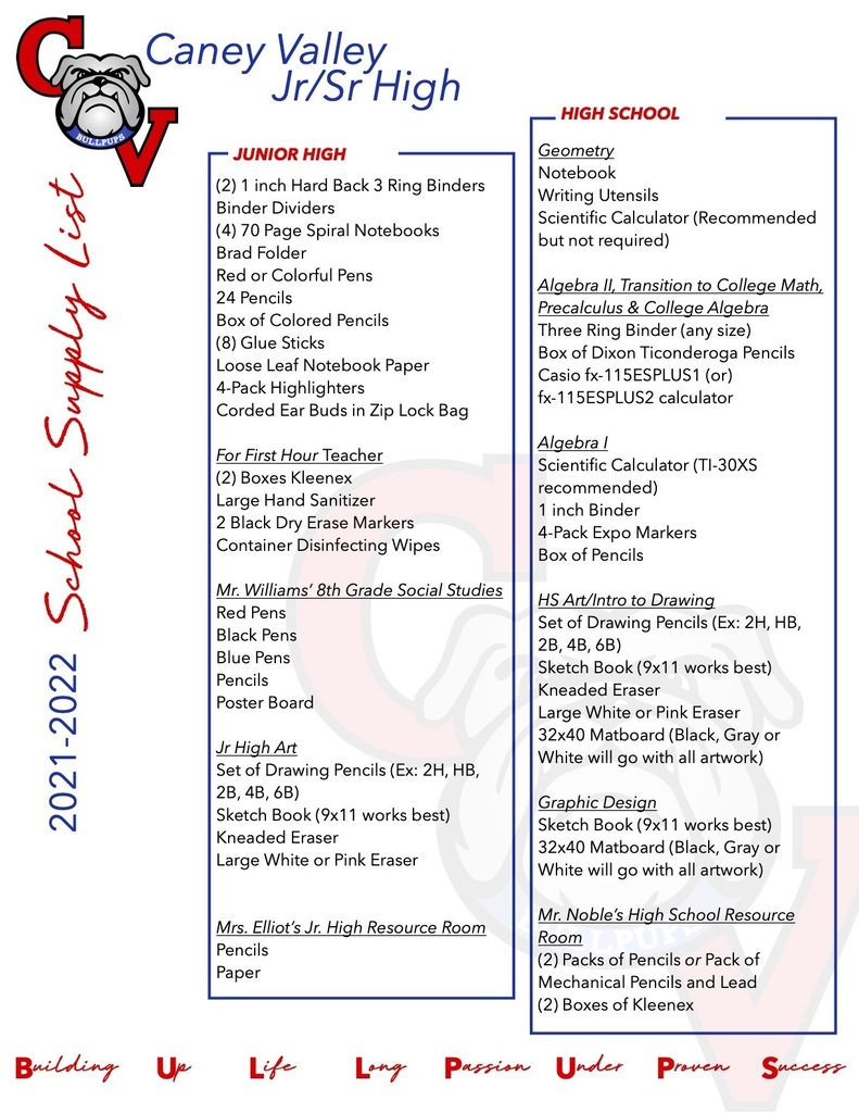 CVHS School Supply List