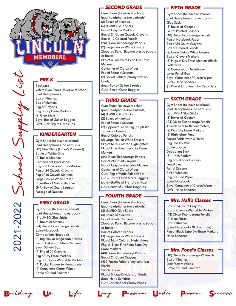 Lincoln School Supply List