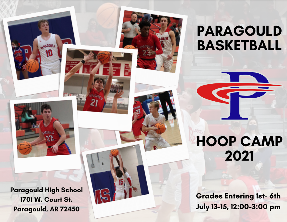 Hoop camp flyer - boys entering grades 1-6, photos of basketball players,  July 13-15, 12-3 pm