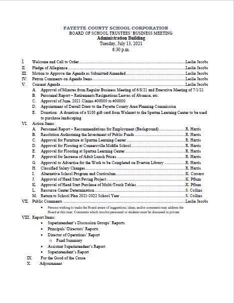 July 13 Board Meeting Agenda