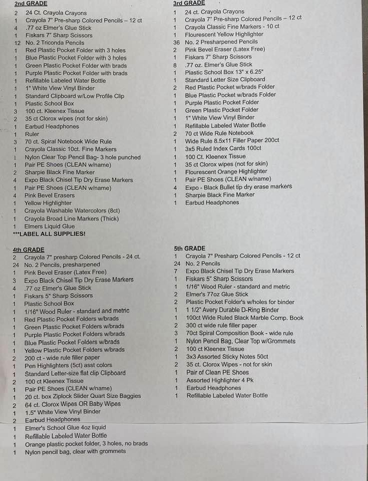 Elementary Supply List