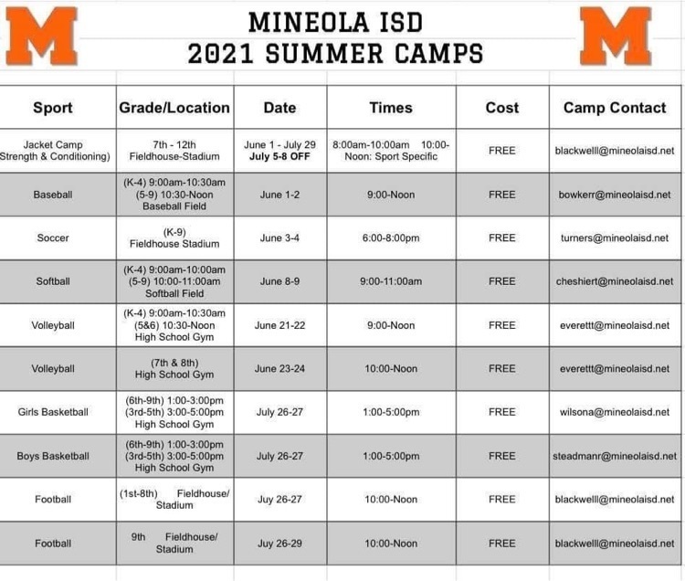 Athletic Camp Schedule