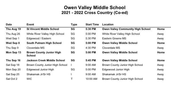 cross country schedule 