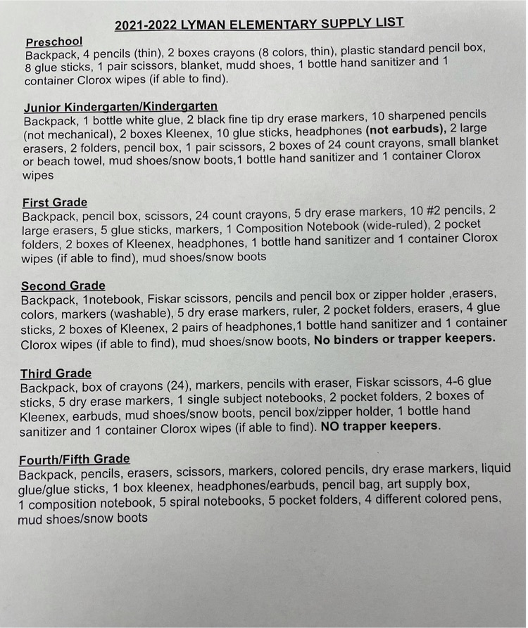 Lyman School Supply List