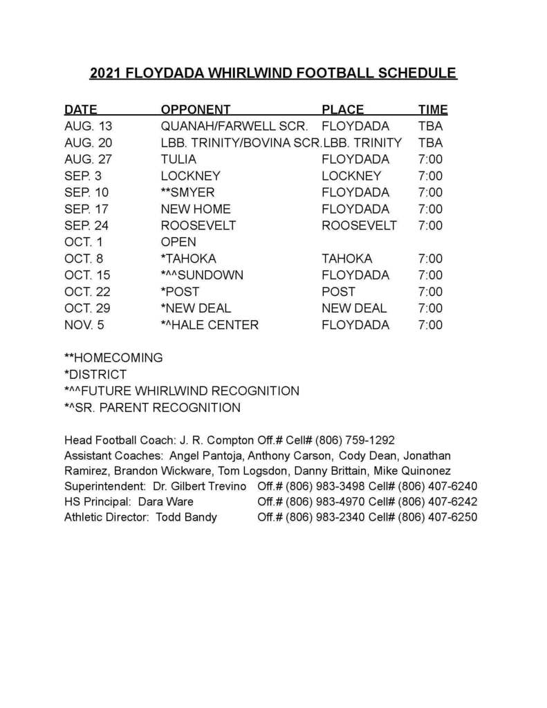 2021 FLOYDADA WHIRLWIND FOOTBALL SCHEDULE