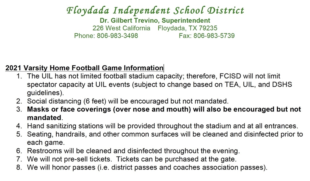 2021 Varsity Home Football Game Information