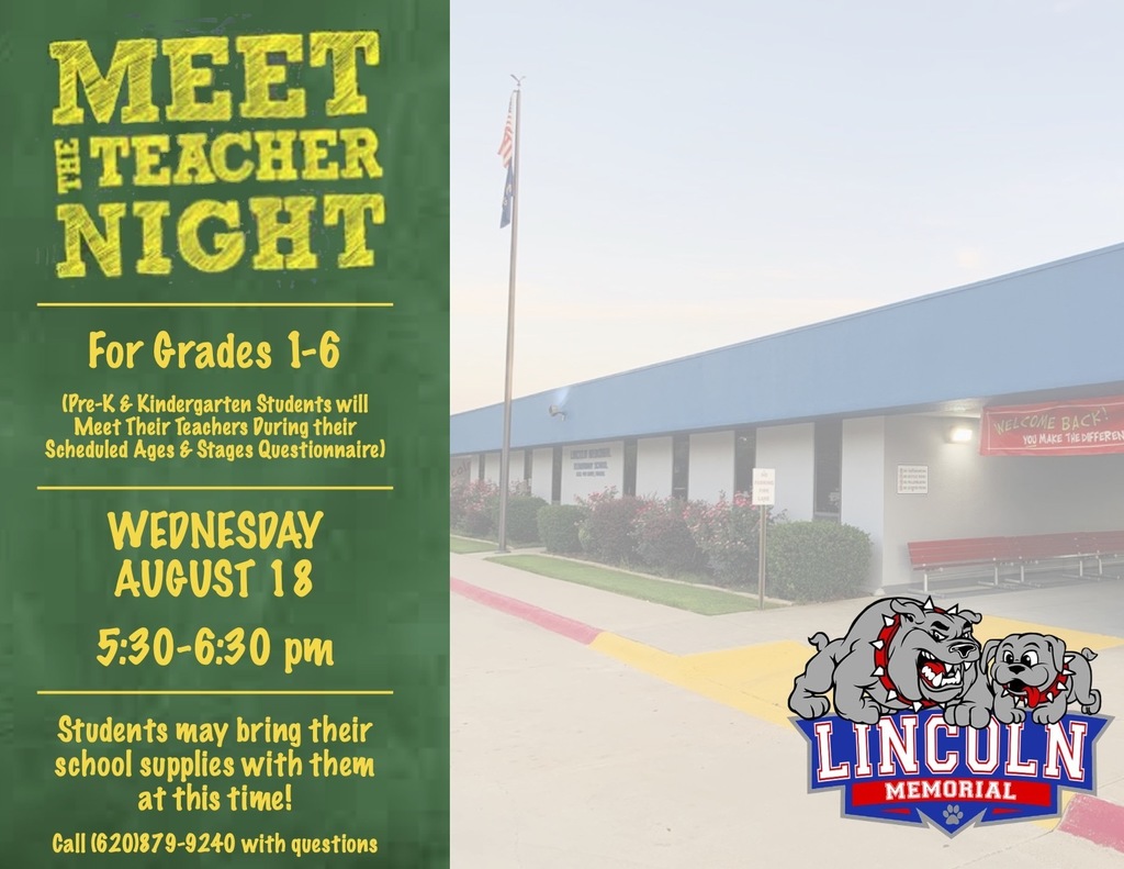 Photo of grade school with text "Meet the Teacher Night" August 18 5:30-6:30 pm