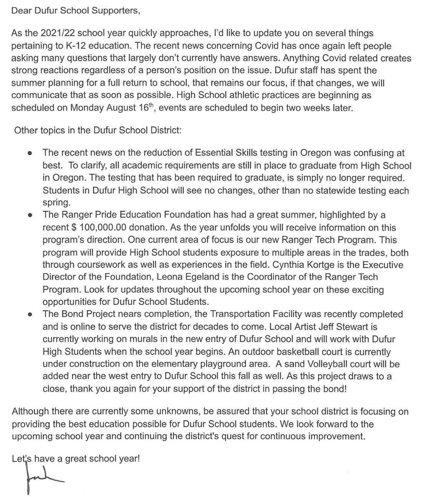 Letter from Superintendent