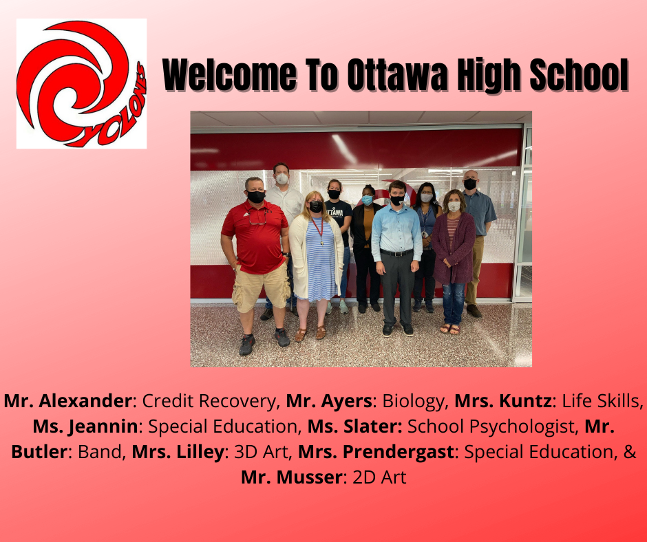 red background with a picture of new teachers at Ottawa High School