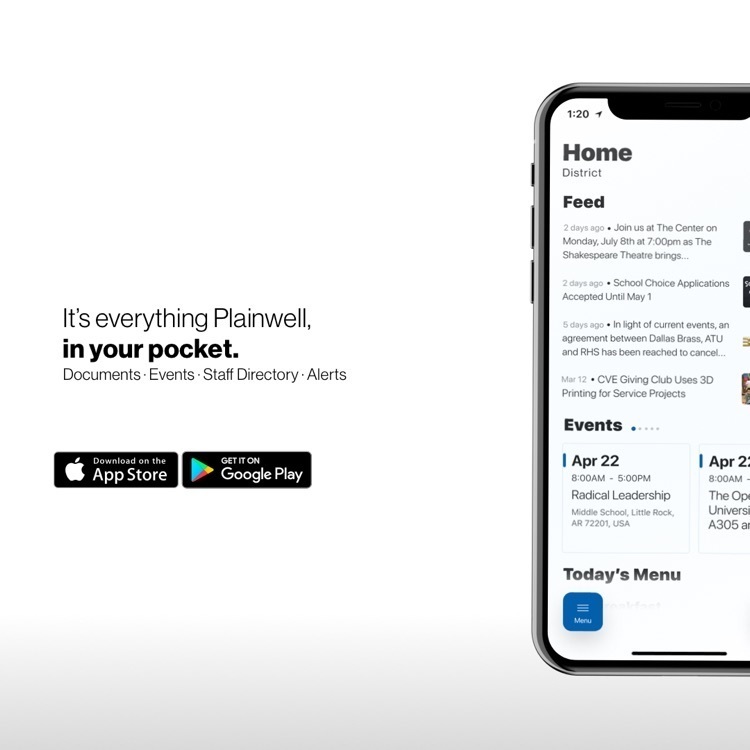 PCS app post - picture of cell phone and words saying it’s everything plainwell, in your pocket