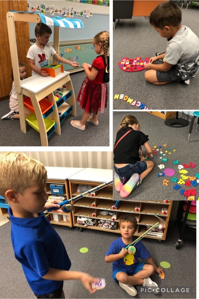 kids playing store, fishing for numbers, and doing alphabet puzzles 