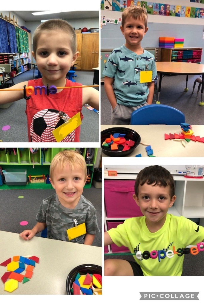 kids working with alphabet beads and pattern blocks