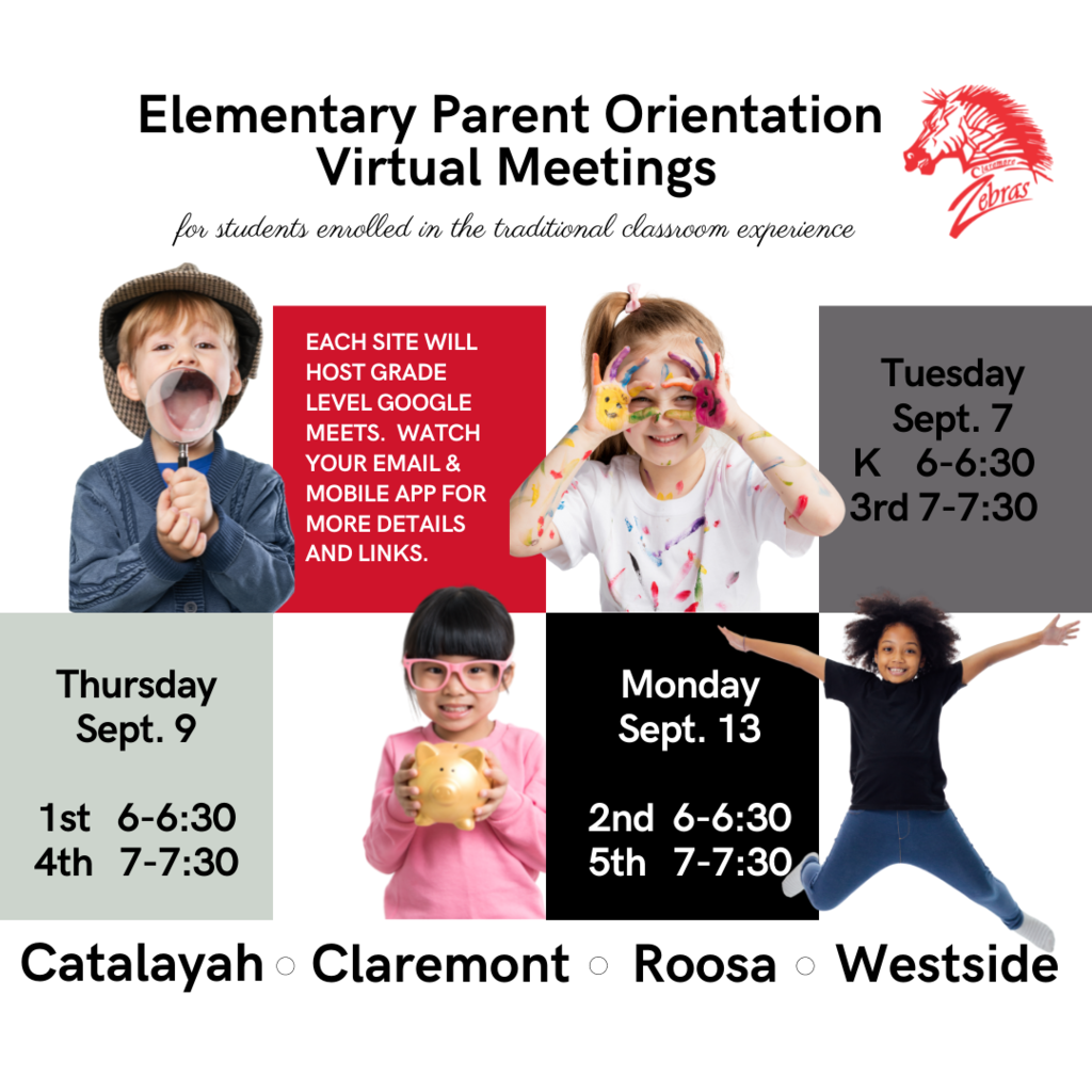 Sept. 7 Kdg 6-6:30 PM and 3rd grade 7-7:30 PM Sept. 9 1st grade 6-6:60 PM and 4th grade 7-7:30 PM Sept. 13 2nd grade 6-6:30 PM and 5th grade 7-7:30 PM