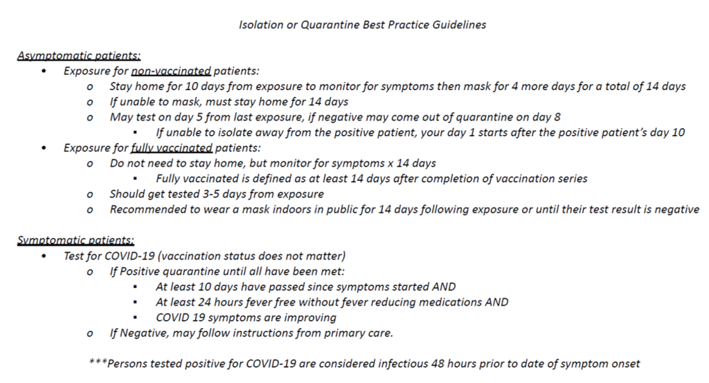 Isolation or Quarantine Best Practice Guidelines