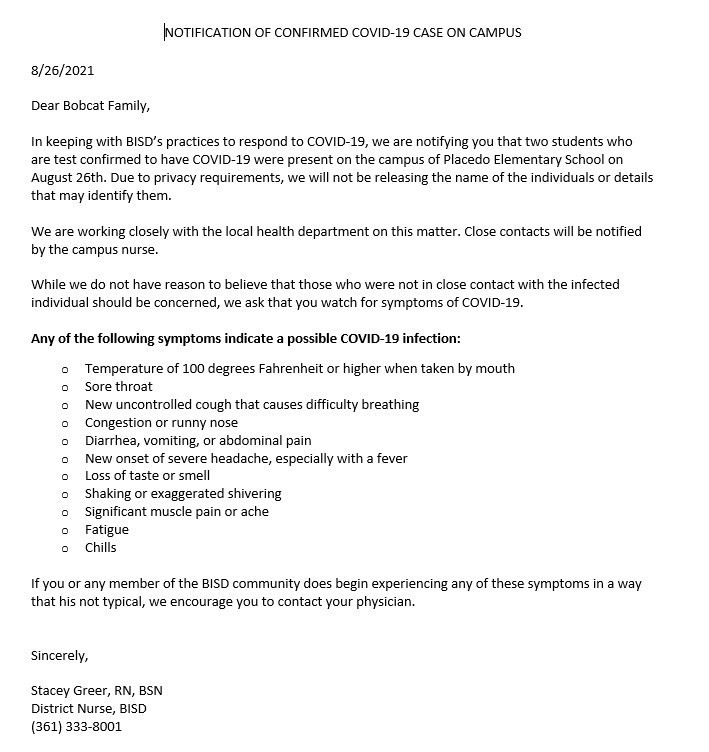 08/26/2021 PES Positive COVID Notice 
