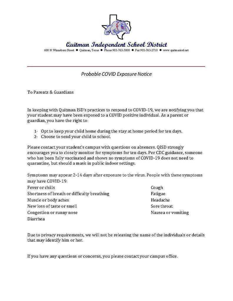 Probable Exposure Letter