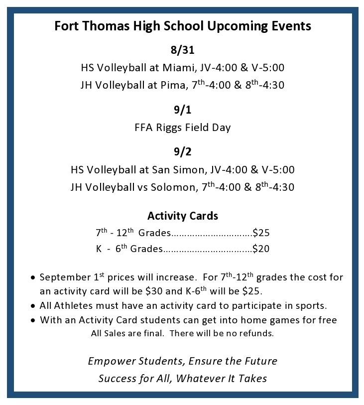 FTHS: Events for 8/30-9/3/2021