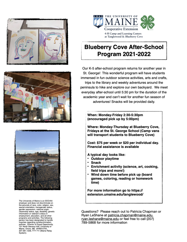 Flyer about Blueberry Cove After-School Program for 2021-2022
