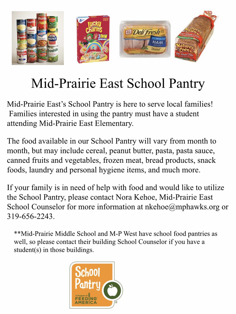 Mid-Prairie East Elementary School Pantry is here to serve local families that attend MP East. Contact MP East Guidance Counselor, Mrs. Kehoe today for more info. #mphawks