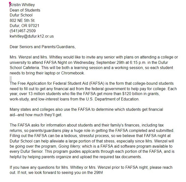 FAFSA Night Letter