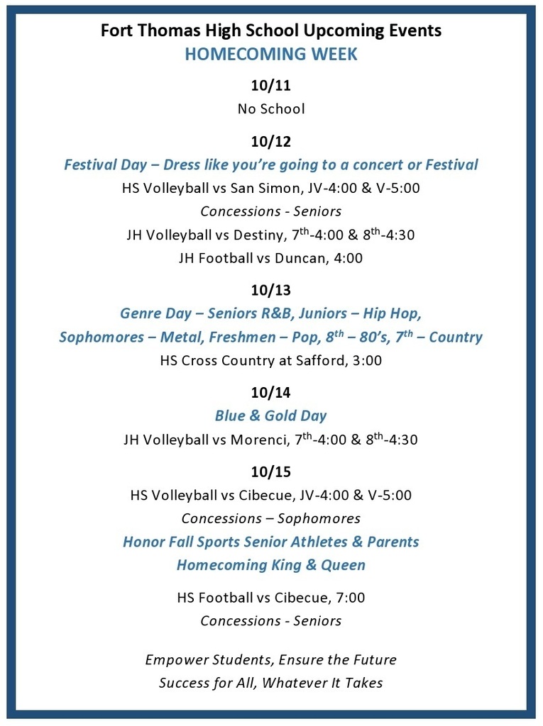 FTHS Events 10/11-15/2021 Homecoming week