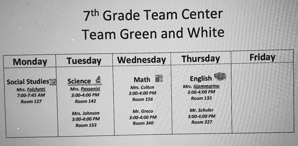 7th Grade Team Center - Green Team Schedule