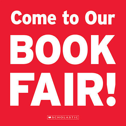 Red background with white letters that read "Come to our book fair!"