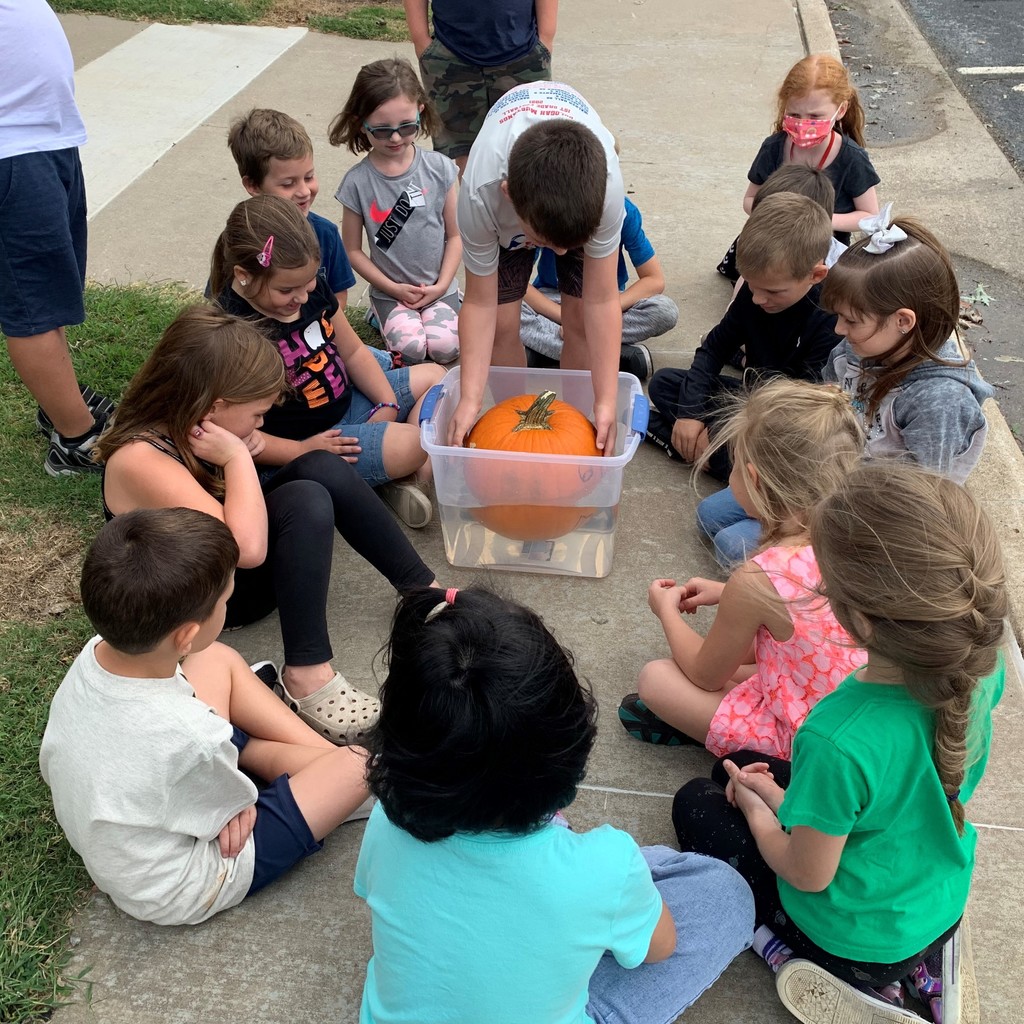 kids sitting on ground looking at pumpkin floating 