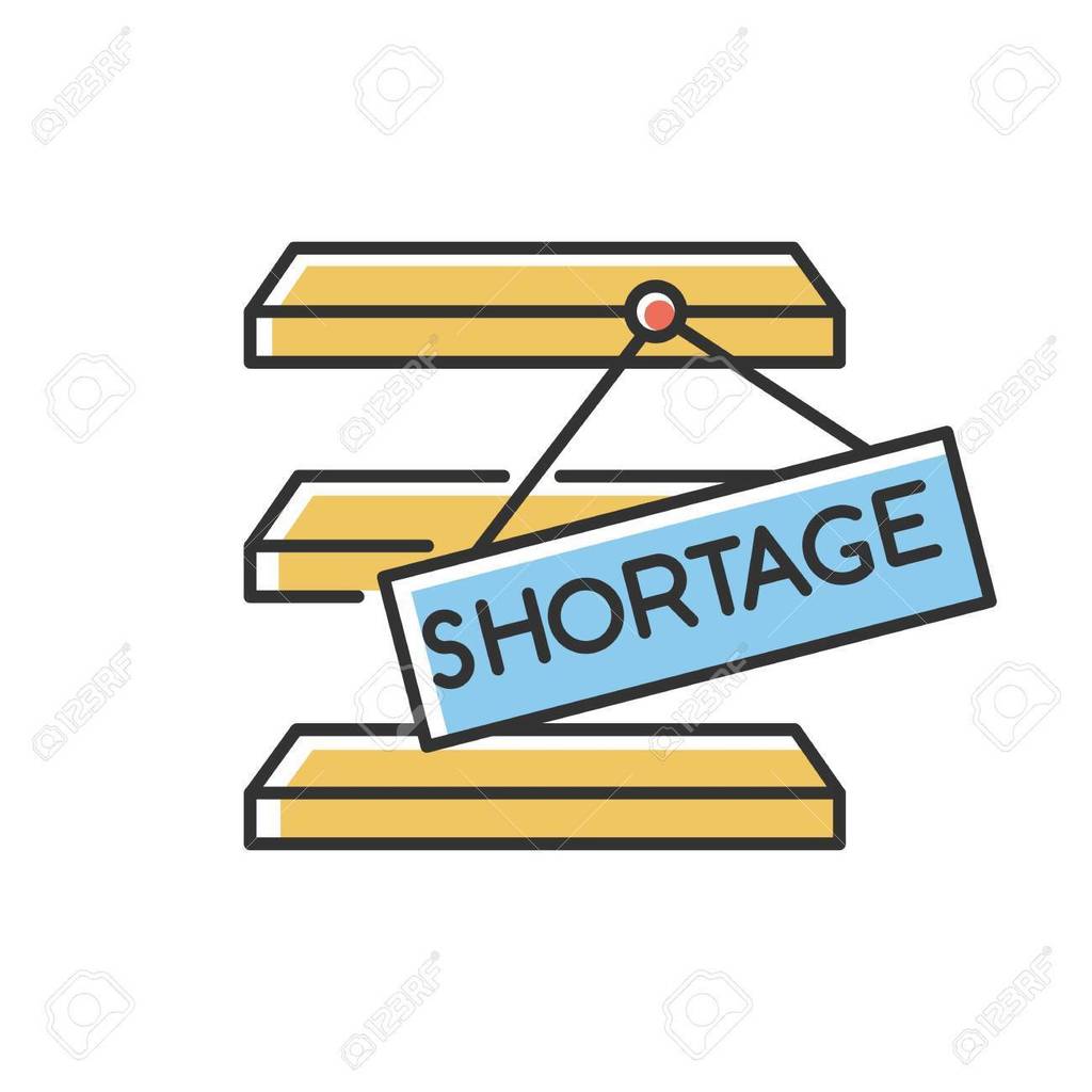 Three wooden shelves vertically spaced with a blue sign hanging from the top one with the word "Shortage" in black letters.