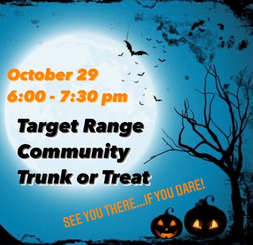 Image of flier for trunk or treat event Oct 29 6-7:30pm with a moon, jack-o-lanterns, leave less tree, and bats