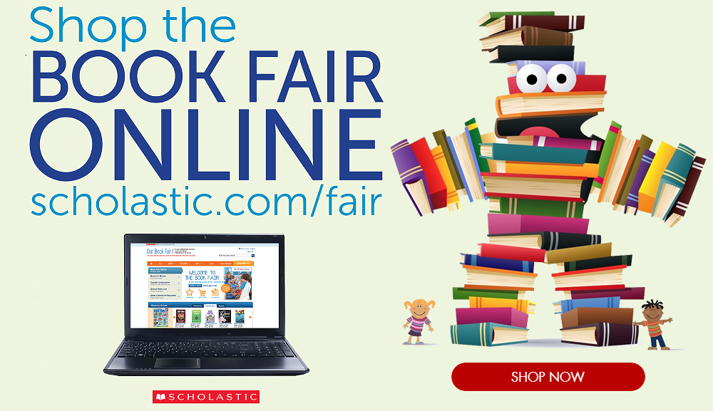 "Shop the book fair online" with a character built out of books.