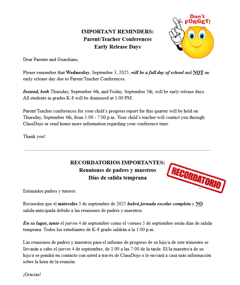 Parent-Teacher Conferences and early release days Sept 2025