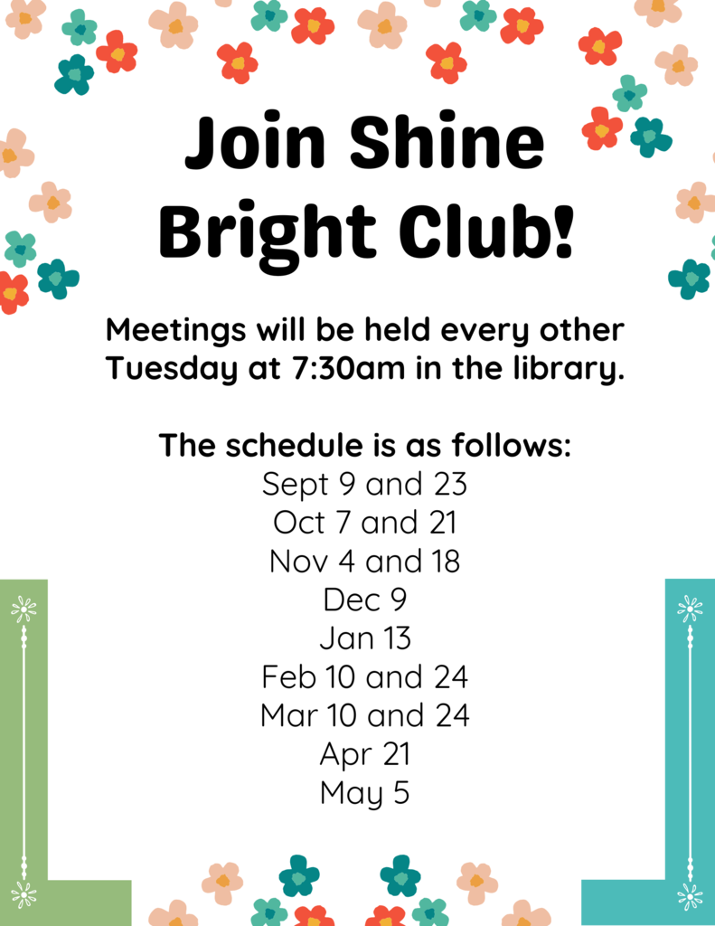 A calendar of meetings for the Shine Bright Club