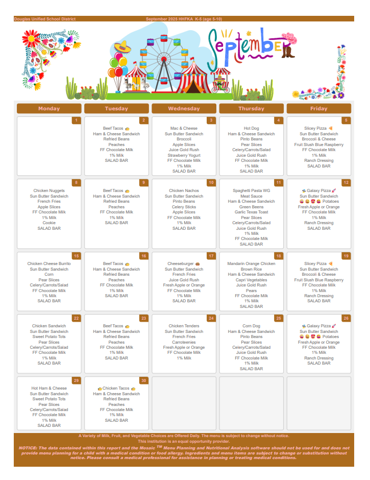 September 2025 Lunch Menu