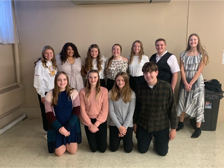 The 2021 Oral Interp team competing at the District 3-B contest were Maggie, Salome, Lexie, Bella, Kaelie, Chandler, Josie, (front) Desiree, Haylee, Joslynn, and William.