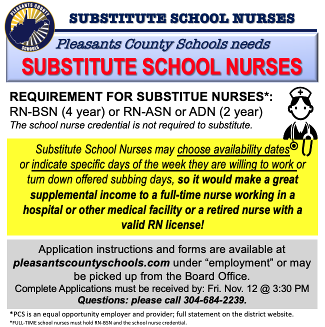 sub school nurse information. call 304-684-2239 for information.