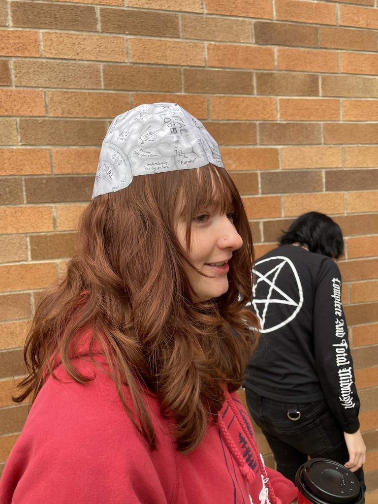 female student with a homemade cap on