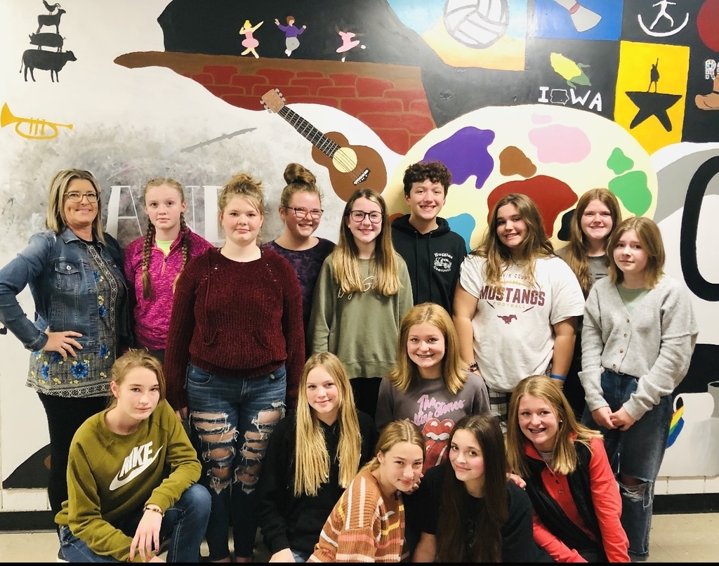 Several Middle School students worked during 1st quarter to create an eight foot by sixteen foot mural in the hallway in front of the MS artroom with help from Mrs. Byrd.  These students worked to incorporate activities students in the building art involved in.  Some of these activities include: 4-H, sports, band, music, art, rodeo, theater, bowling, and many more.   We are very proud of their accomplishment!  Come check out the mural during parent-teacher conferences this week!  Pictured are: Ella Horn, Neveah Picton, Olivia Robison, Katy Smoot, Emma Smoot, Rylee Marshall, Lola Page, Chloe Stevens, Chloe Tharp, Jayden Koenig, Knox Huggins, Parker Stewart, Natalie Burton, and Gracyn Ware. Not pictured: Paylin Lawson, Myah VanLaningham, & Mason Utt.
