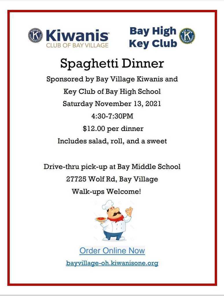 Kiwanis Club of Bay Village Spaghetti Dinner Flyer Nov. 2021