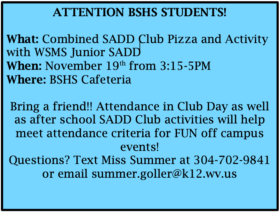 SADD Club Pizza and Activity November 19.