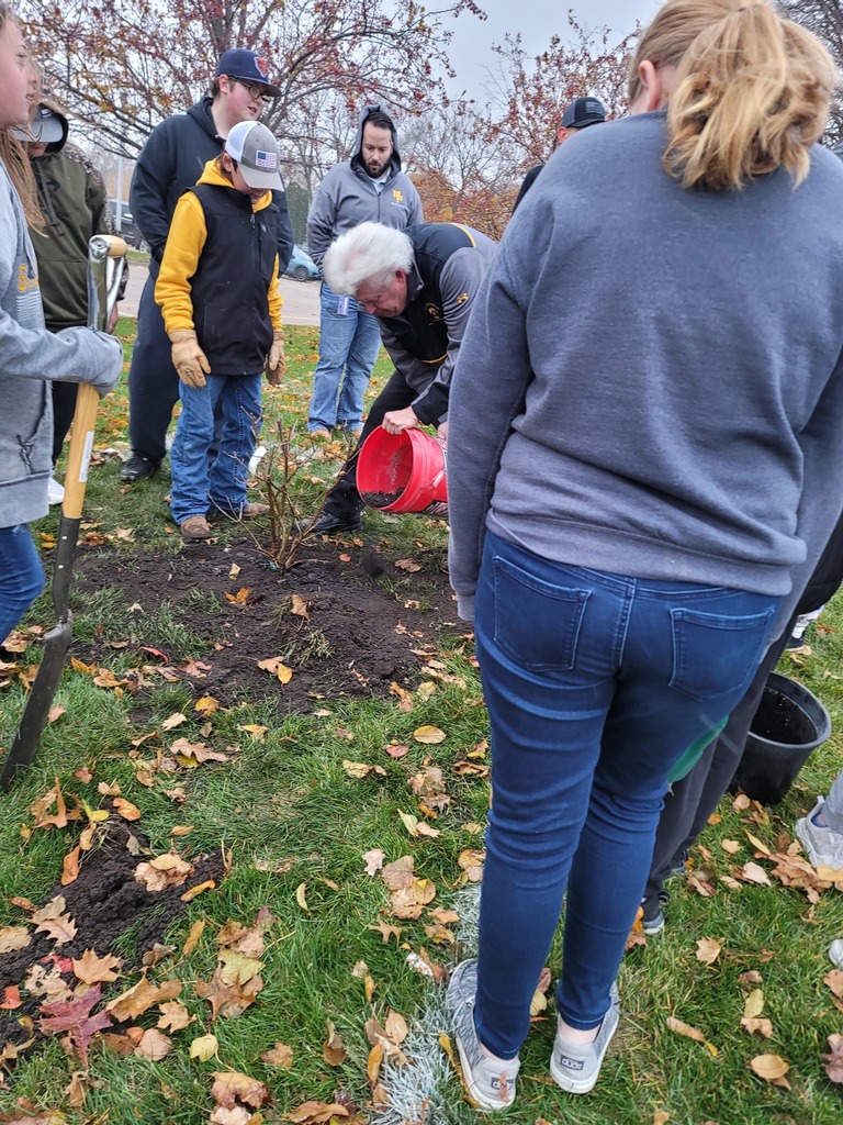 Students and staff planting lilac bush