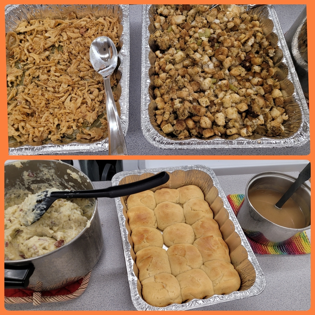 Green Bean casserole, dressing, mashed potatoes, rolls, and gravy!