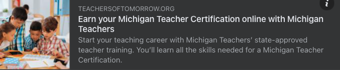 Earn your MI teacher cert online! https://www.teachersoftomorrow.org/michigan/?fbclid=IwAR2Qtj86hjYoOWD3C2RC5Jig8UBUIL6jl4OlwEiGn8CfmqQ2CZkPOtHr5yI