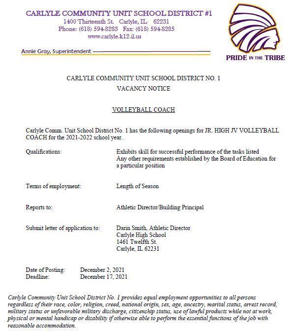 Jr. High JV Volleyball Coach Posting 