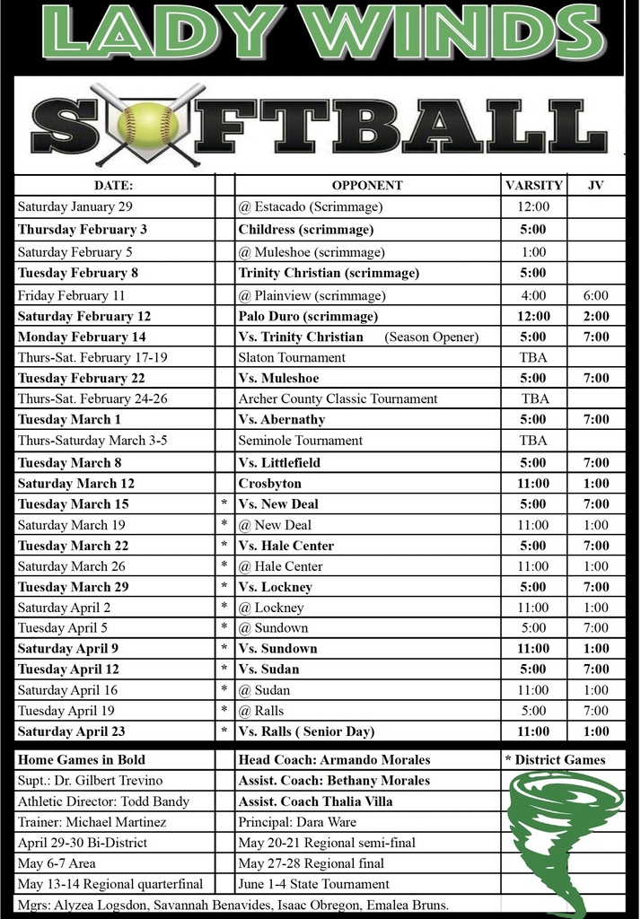 Lady Winds Softball Schedule